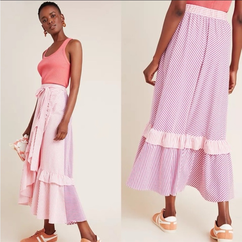 Anthropologie Maeve Penny Ruffled Striped Pink Maxi wrap Skirt long preppy XS